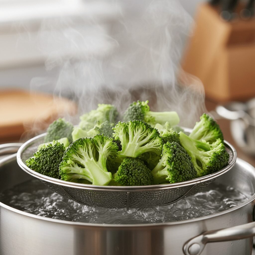 Photorealistic, close-up shot of broccoli stems steaming in a steamer basket ove
