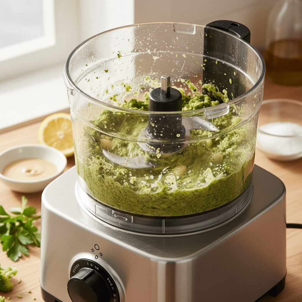 Photorealistic, action shot of a food processor blending the broccoli stems, tah