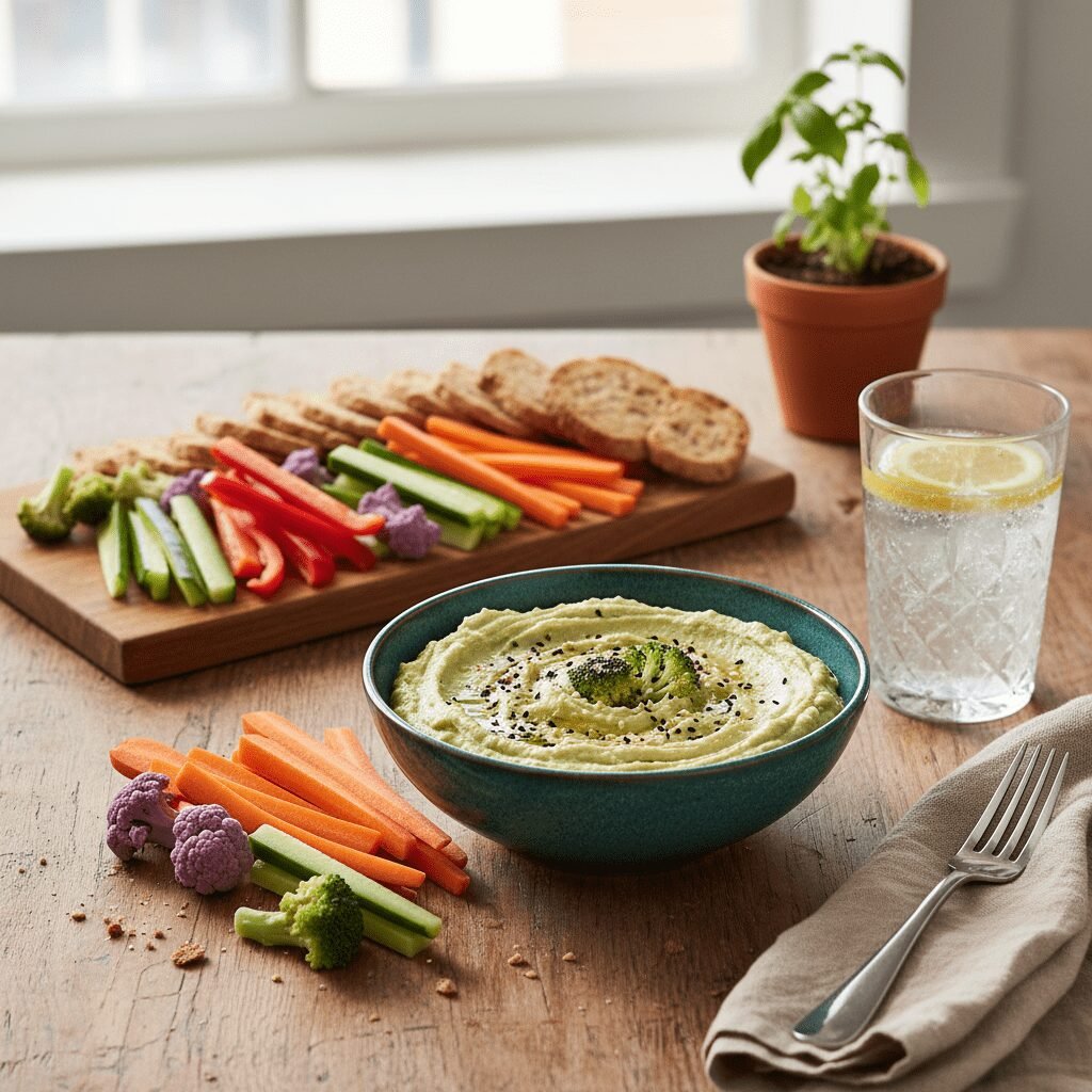 Photorealistic, beautifully styled table setting featuring the finished broccoli