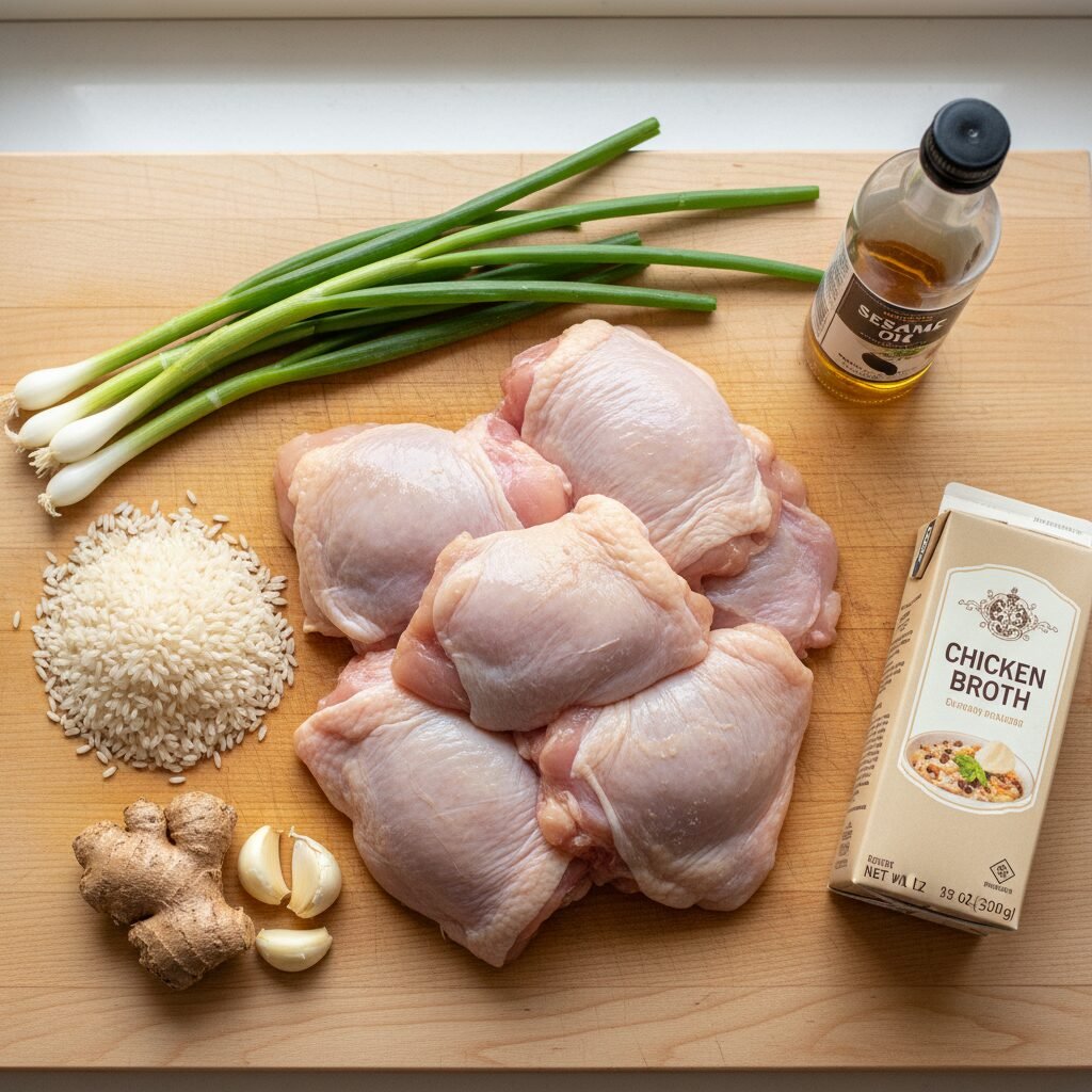 Photorealistic, overhead shot of all the raw ingredients laid out on a clean woo