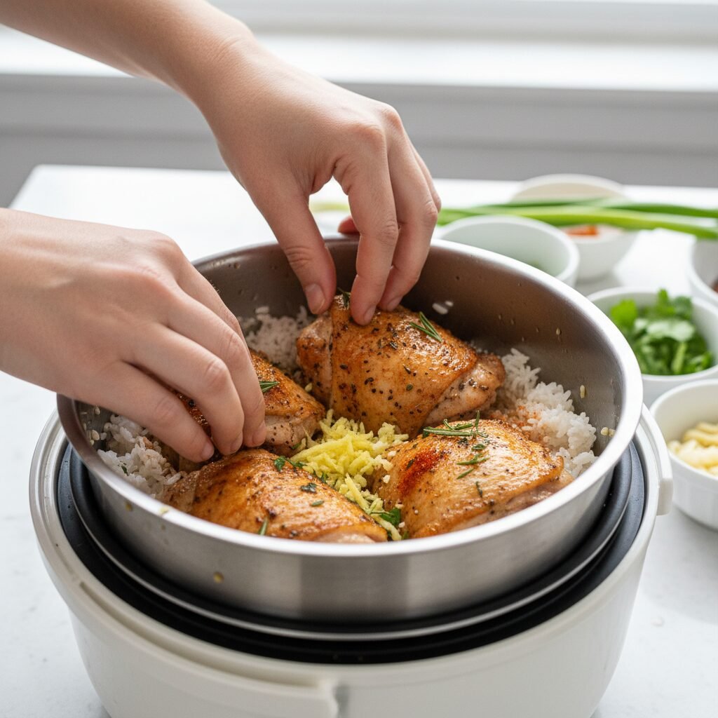 Photorealistic, close-up shot of seasoned chicken thighs being carefully placed 