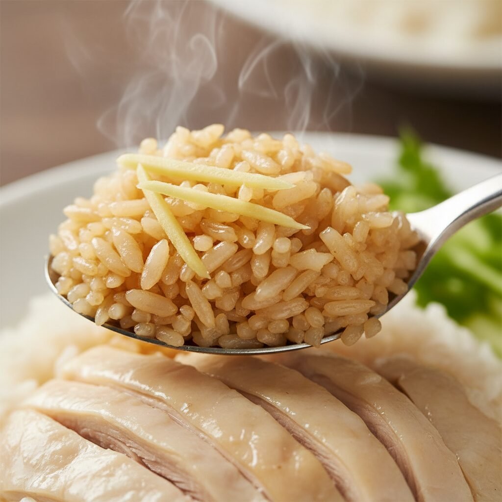 Photorealistic, extreme close-up of a fork lifting a spoonful of the fragrant Ha