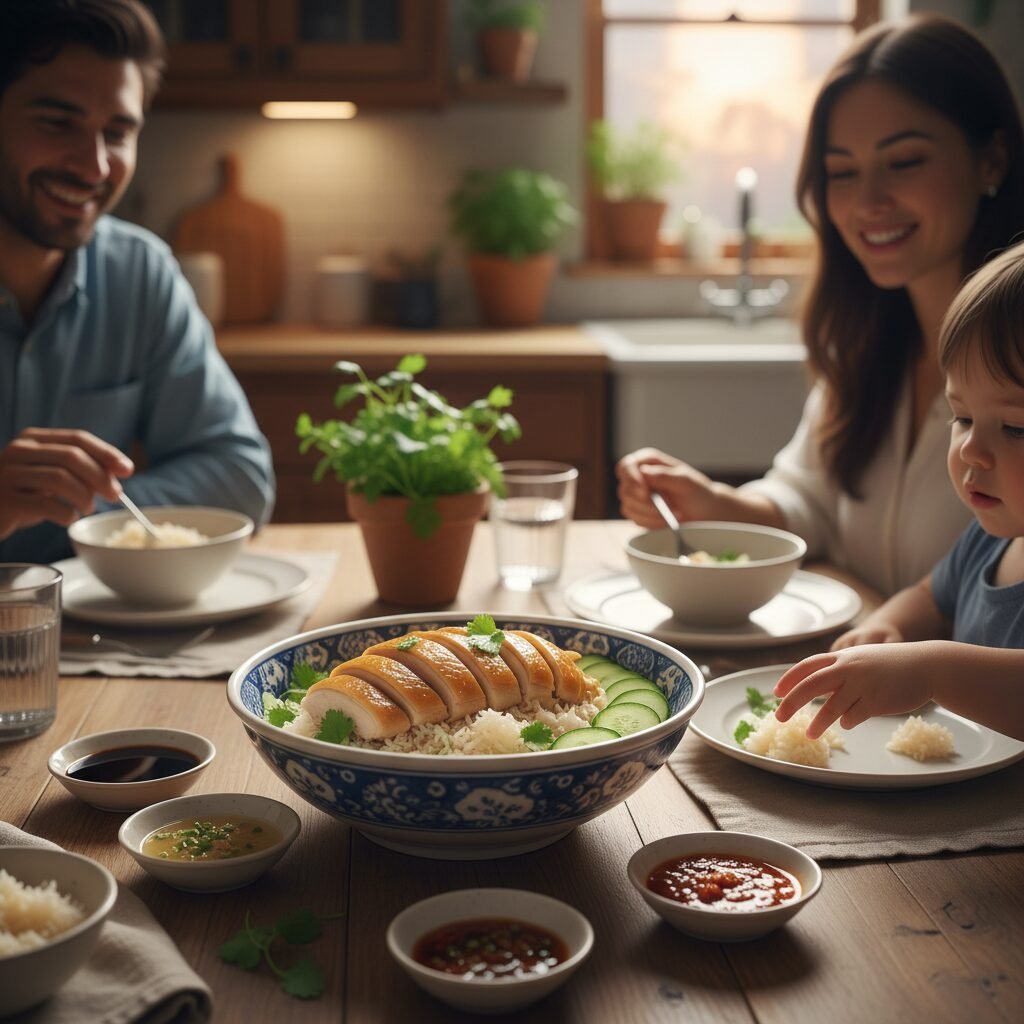 Photorealistic, a family dinner table setting with the Rice Cooker Hainanese Chi