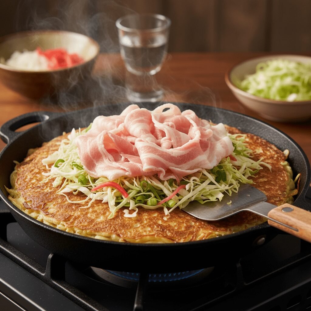 Photorealistic, high-end food photography capturing the action of a large Okonom