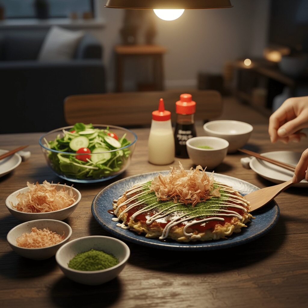 Photorealistic, high-end food photography of a beautifully plated Okonomiyaki on