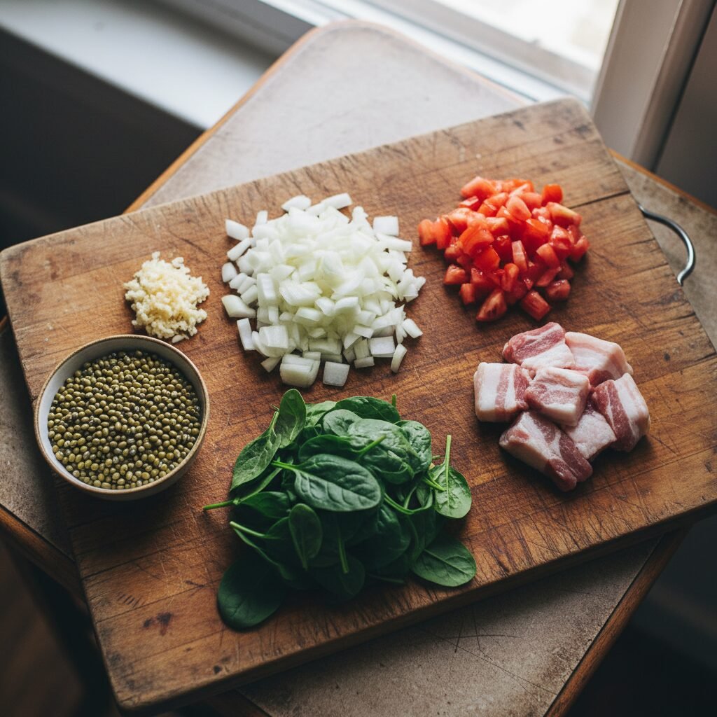 Photorealistic, high-angle shot of all the raw ingredients for Savory Mung Bean 