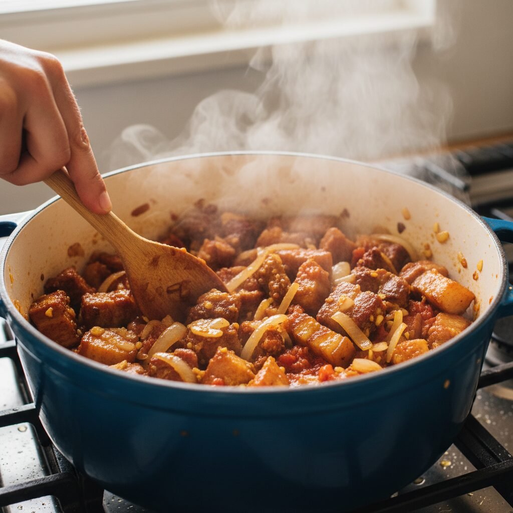 Photorealistic, close-up shot of the cooking process: a hand stirring the aromat