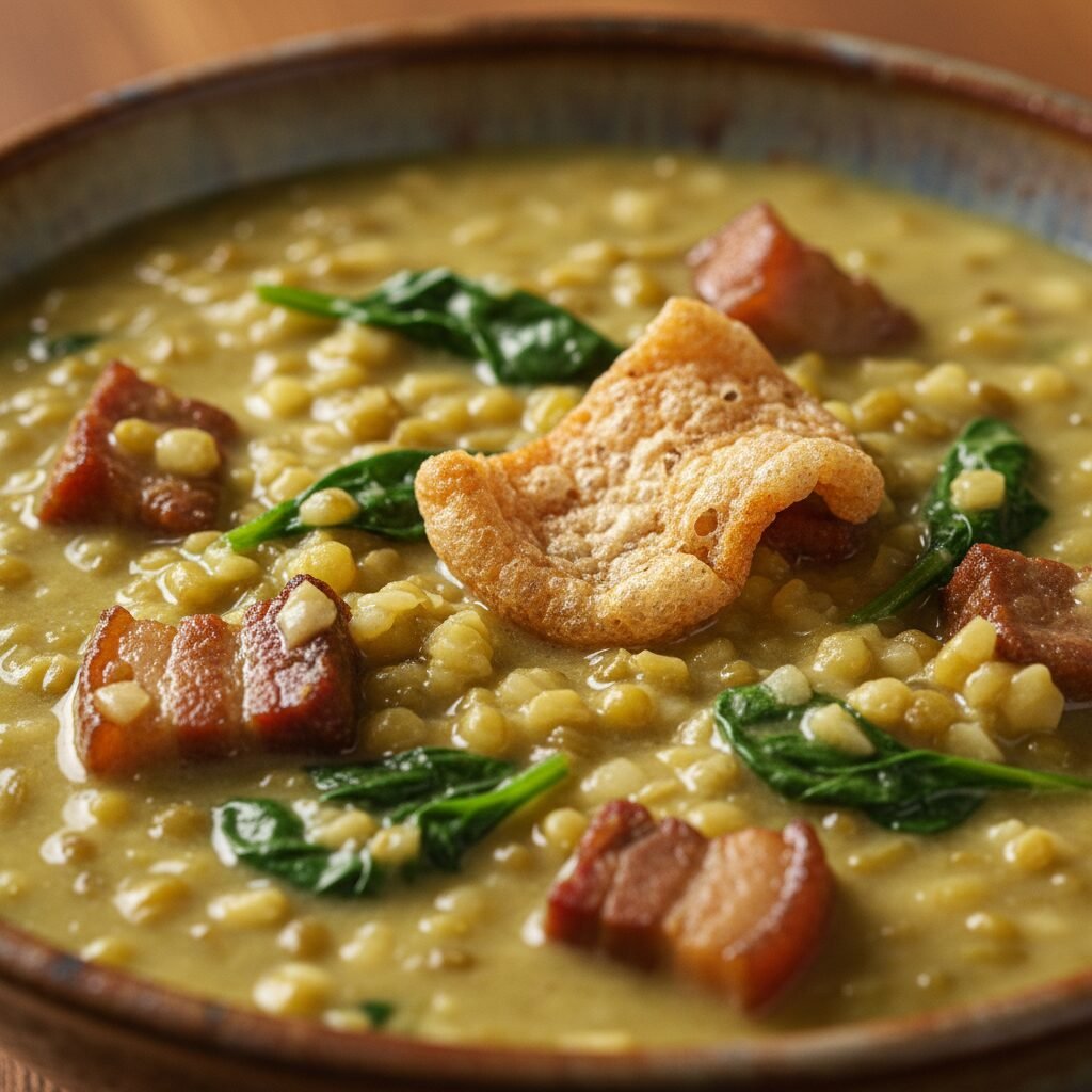 Photorealistic, extreme close-up of the Savory Mung Bean Stew in a ceramic bowl,
