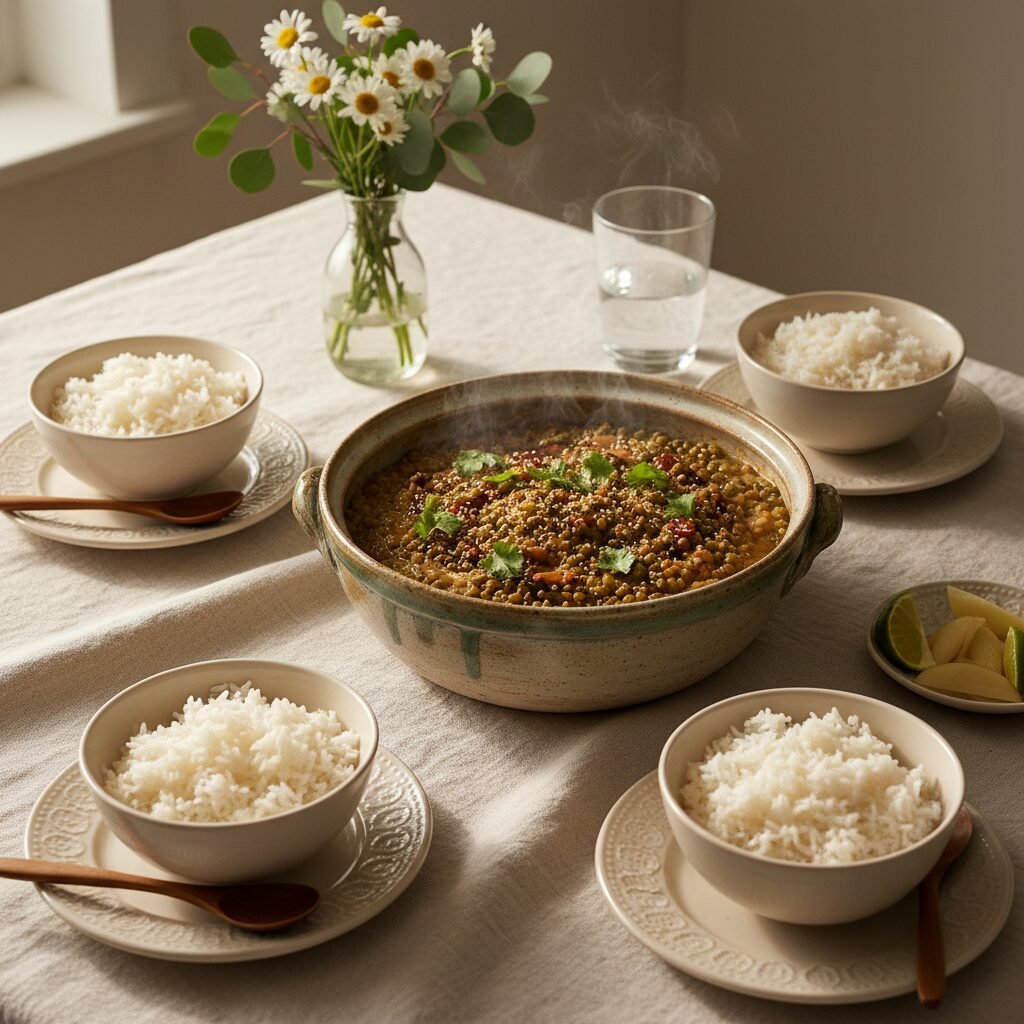 Photorealistic, beautifully styled table setting featuring a large serving bowl 