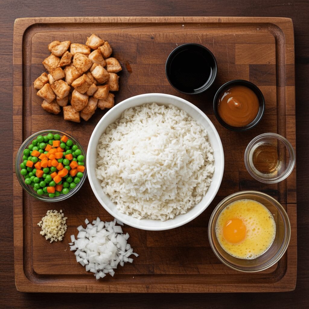 Photorealistic, overhead shot of all the raw ingredients neatly prepped on a woo