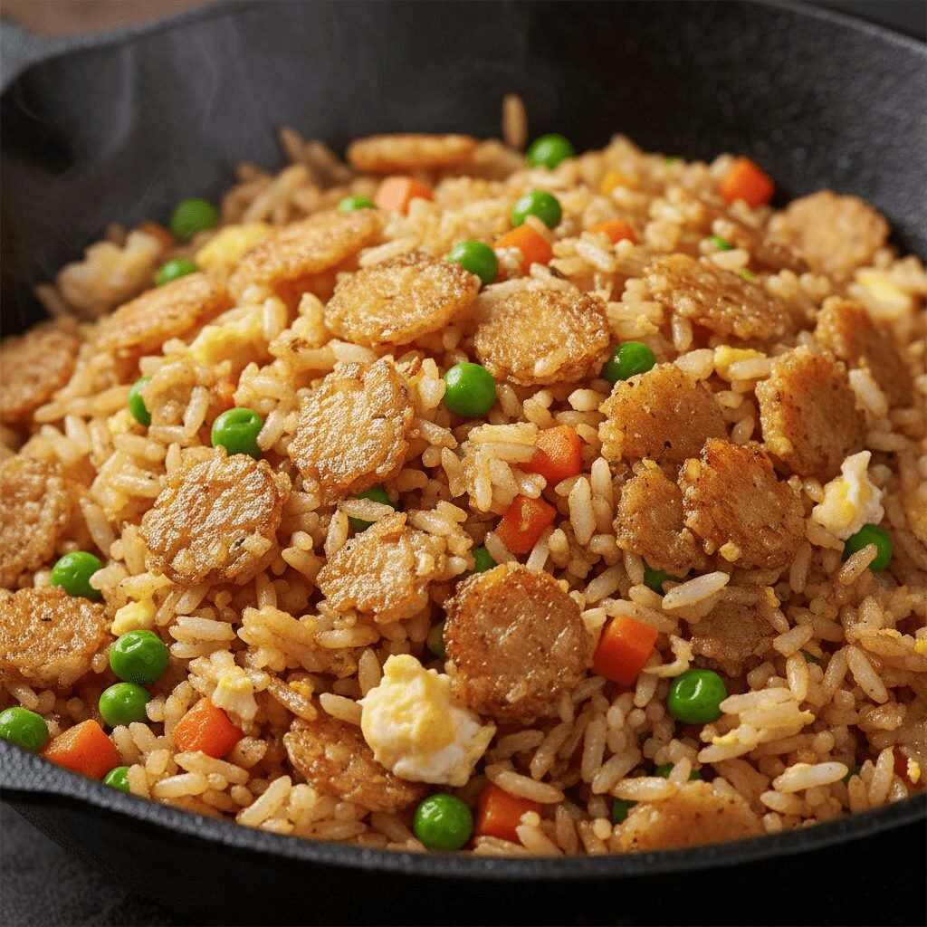 Photorealistic, extreme close-up shot of the crispy fried rice in a wok or servi