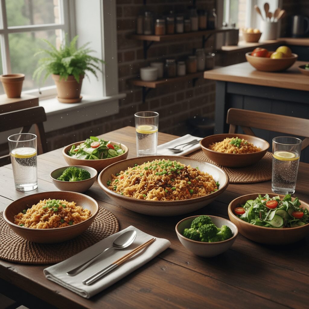 Photorealistic, a beautifully set dinner table with a large serving bowl of cris