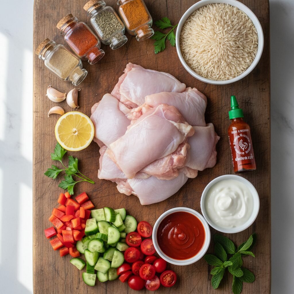 Photorealistic, overhead shot of all the raw ingredients for the Halal Cart Chic