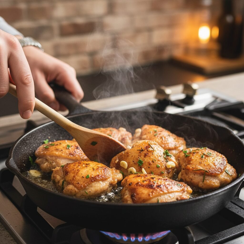 Photorealistic, close-up action shot of chicken pieces sizzling and caramelizing