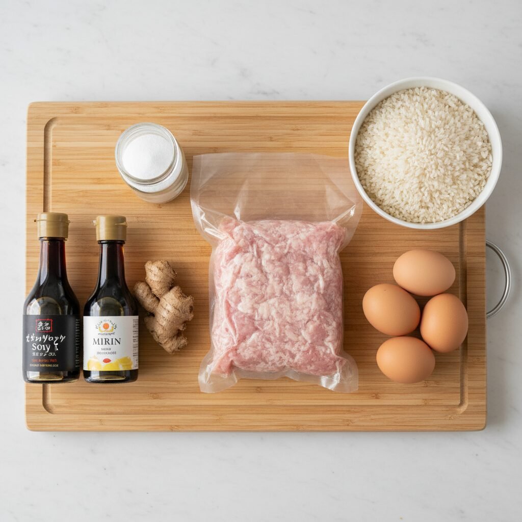 Photorealistic, top-down shot of all the raw ingredients for Soboro Don laid out