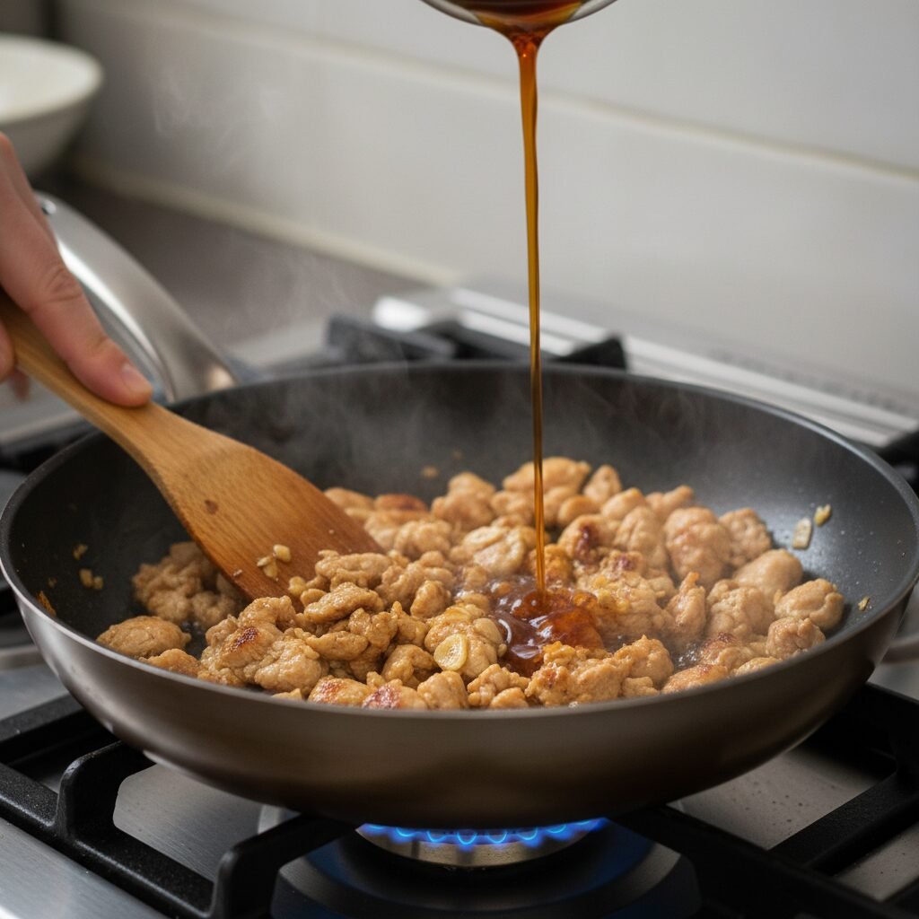 Photorealistic, close-up action shot of ground chicken being cooked in a large n