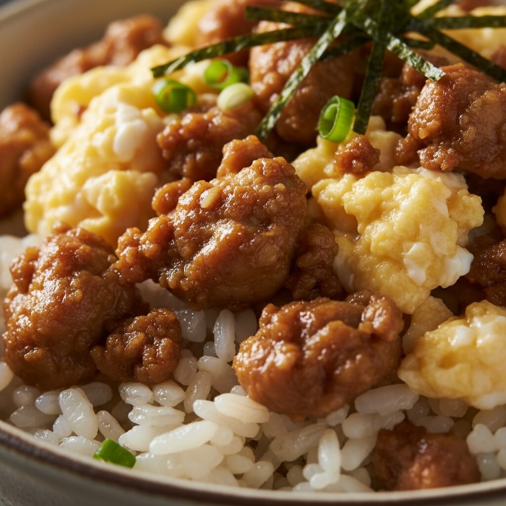 Photorealistic, extreme close-up of the texture of the cooked Soboro Don. Focus 