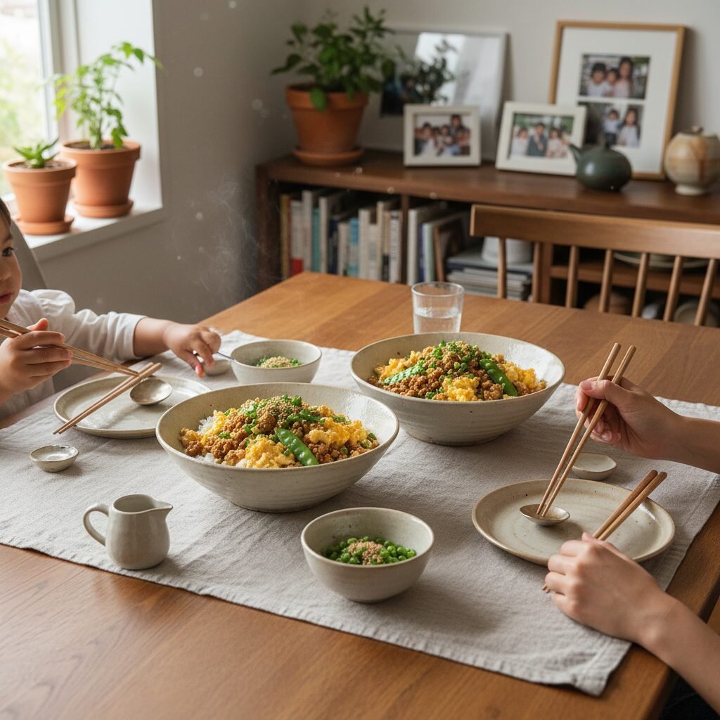 Photorealistic, a beautifully set dinner table featuring a family enjoying Sobor