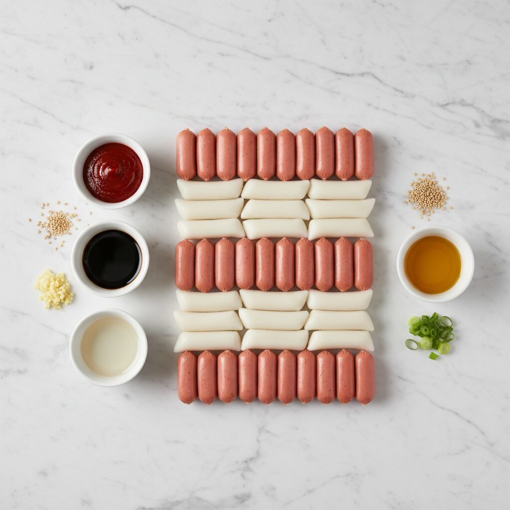 Photorealistic, top-down shot of all raw ingredients for Sotteok Sotteok laid ou