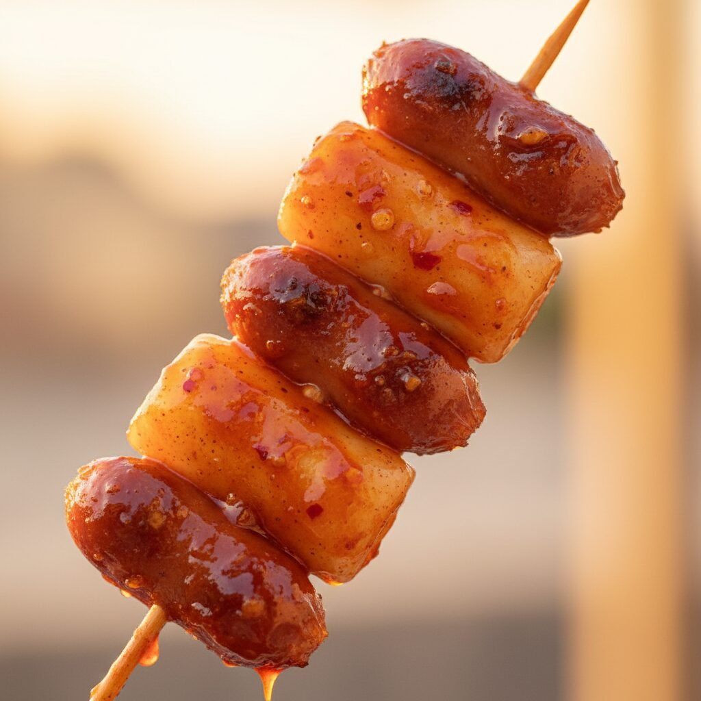 Photorealistic, extreme close-up shot of a single Sotteok Sotteok skewer, highli