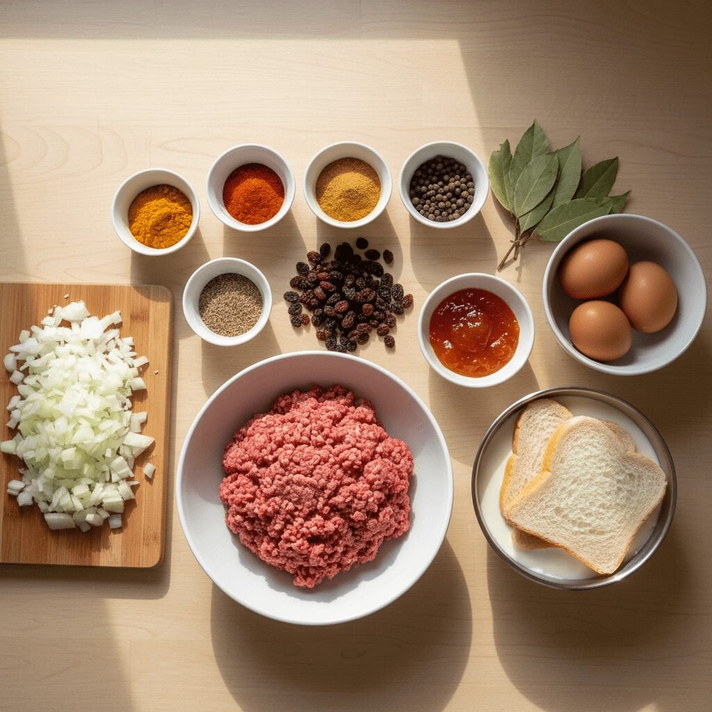Photorealistic, overhead shot of all the raw ingredients for Bobotie laid out be
