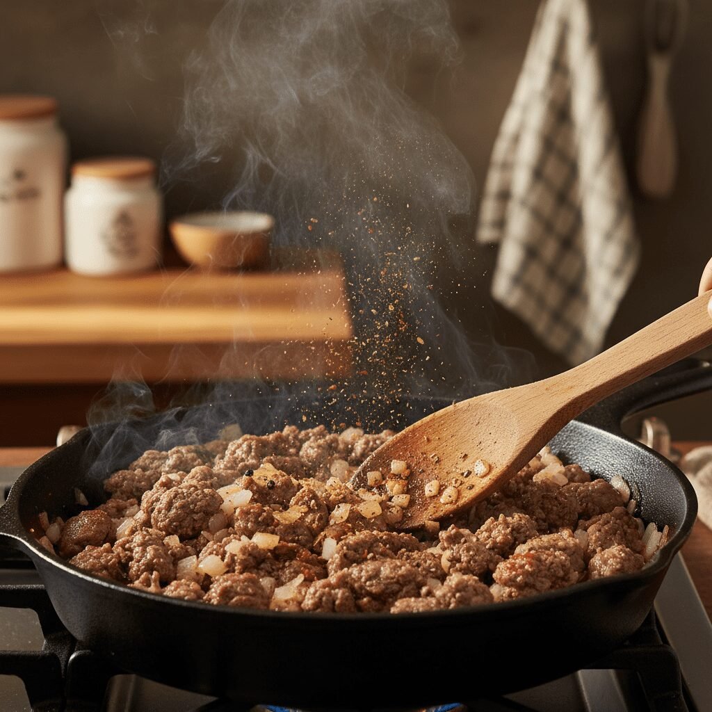 Photorealistic, close-up shot of ground beef browning in a large cast-iron skill