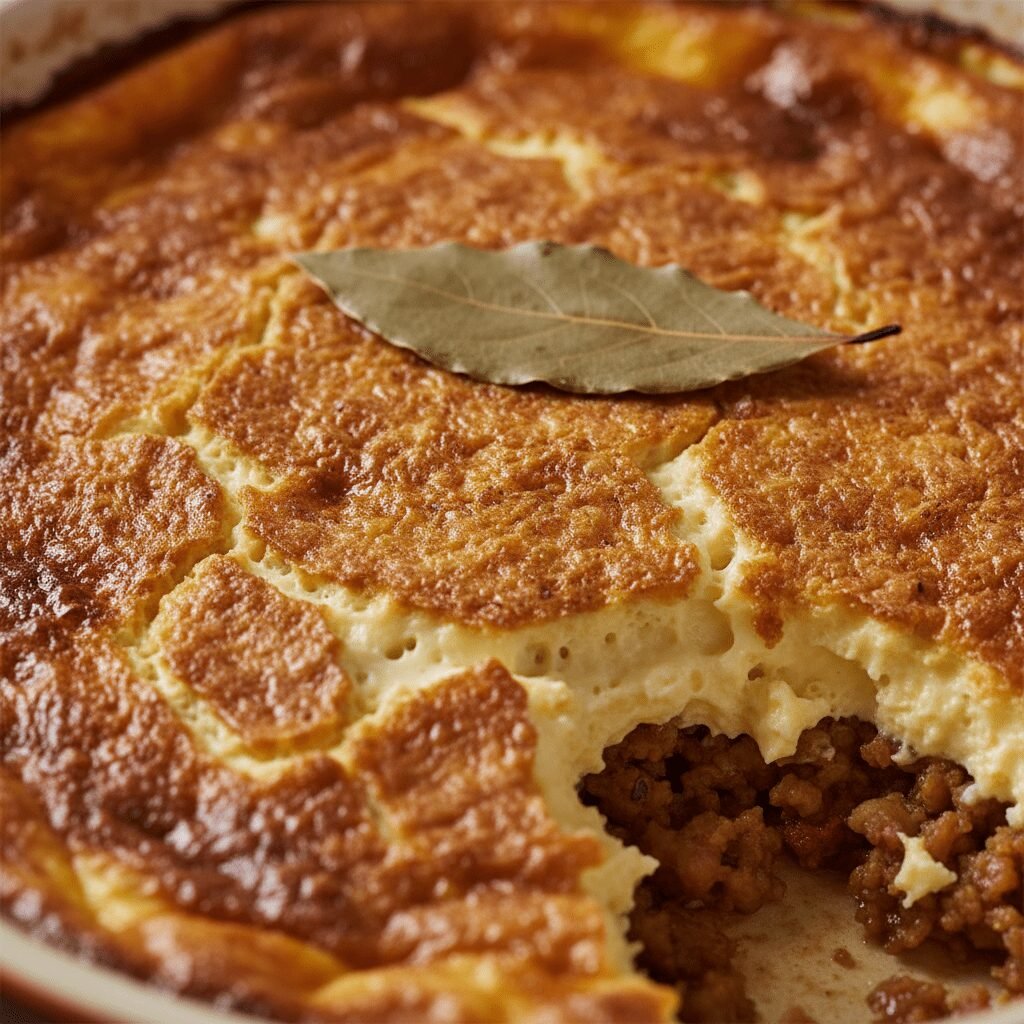 Photorealistic, extreme close-up of the baked Bobotie's egg topping, showing the