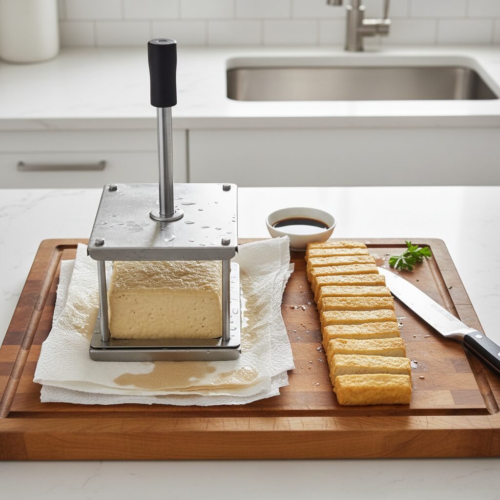 Photorealistic, overhead shot of a cutting board with a pressed block of extra-f