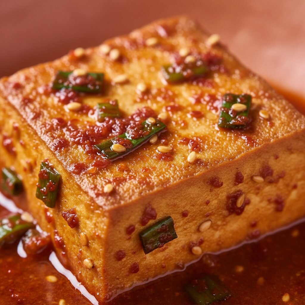 Photorealistic, extreme close-up of a single piece of Spicy Dubu Jorim, showing 