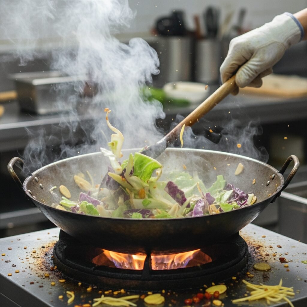 Photorealistic, action shot of sliced cabbage being stir-fried in a large, hot w