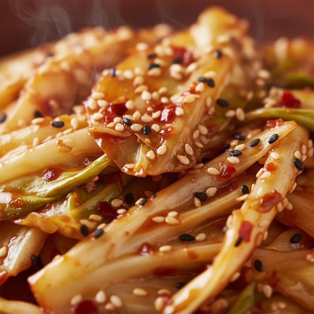 Photorealistic, extreme close-up of the stir-fried cabbage, showcasing its tende