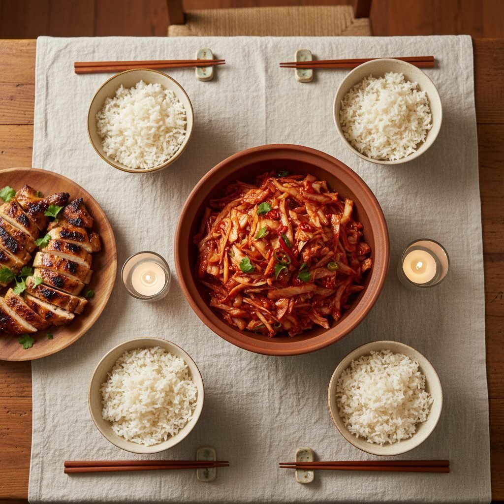Photorealistic, overhead shot of a beautifully set dinner table featuring a main