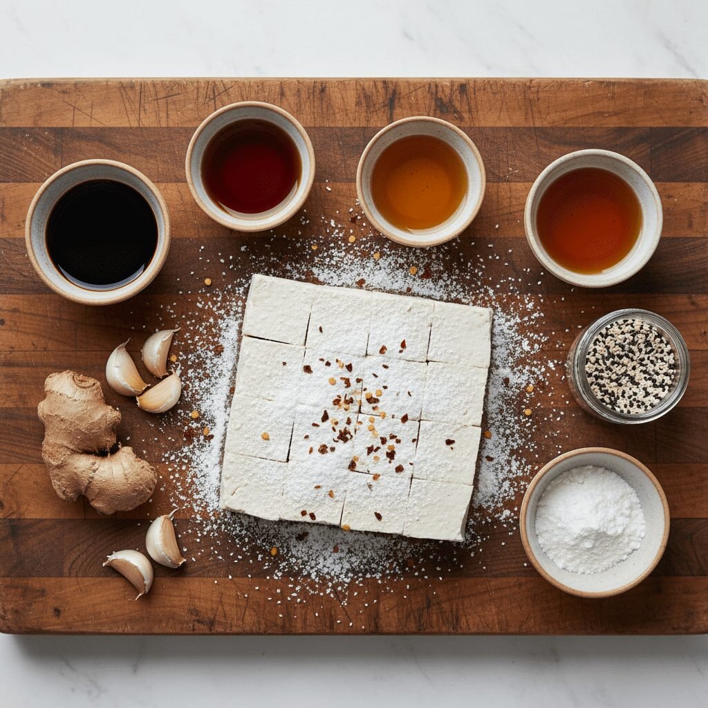 Photorealistic, top-down shot of all the raw ingredients for Sticky Sesame Tofu