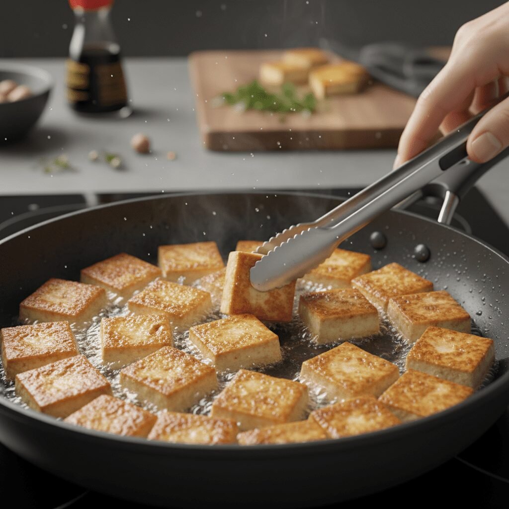Photorealistic, dynamic close-up shot of tofu cubes sizzling and turning golden