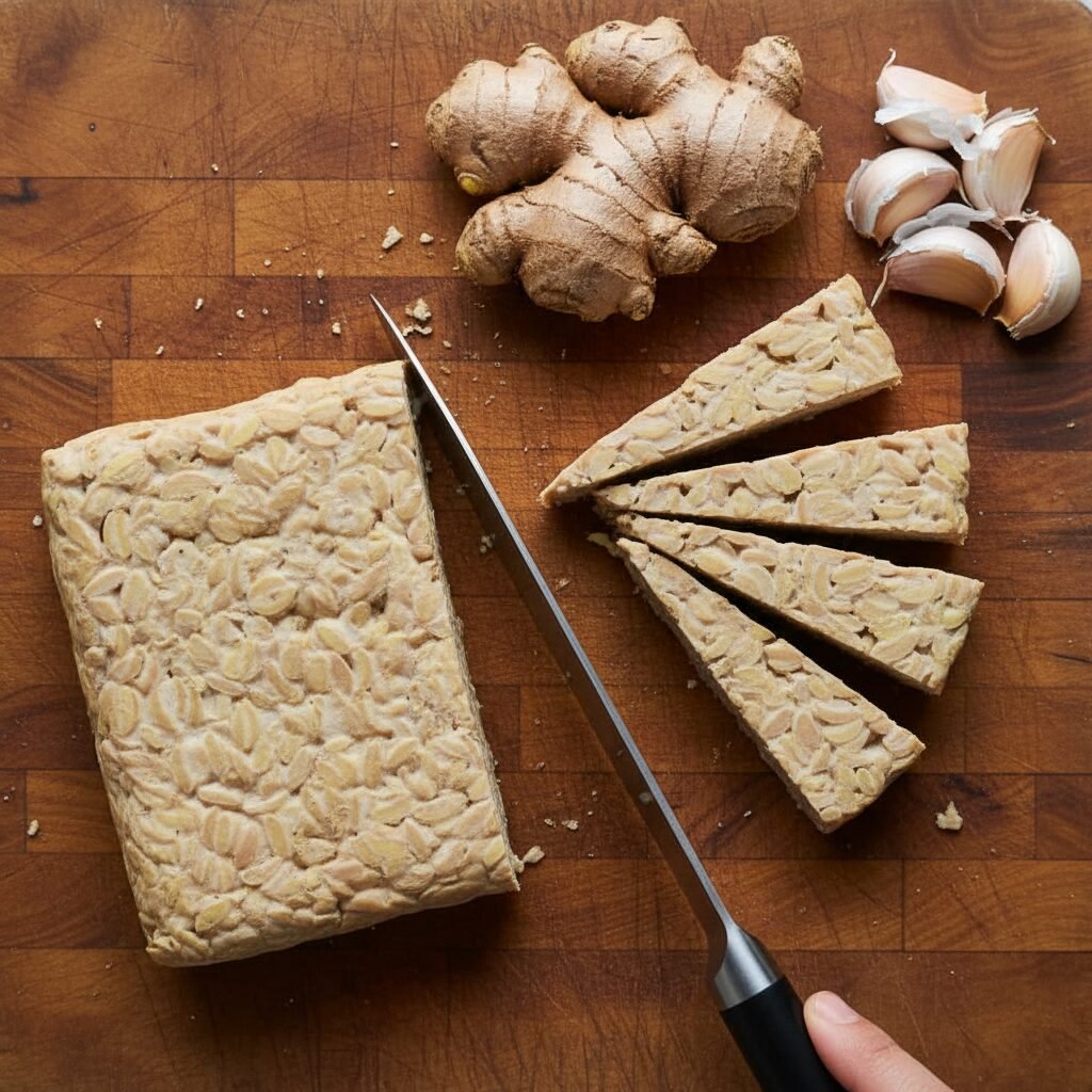 Photorealistic, overhead shot of raw tempeh block being sliced into triangles on