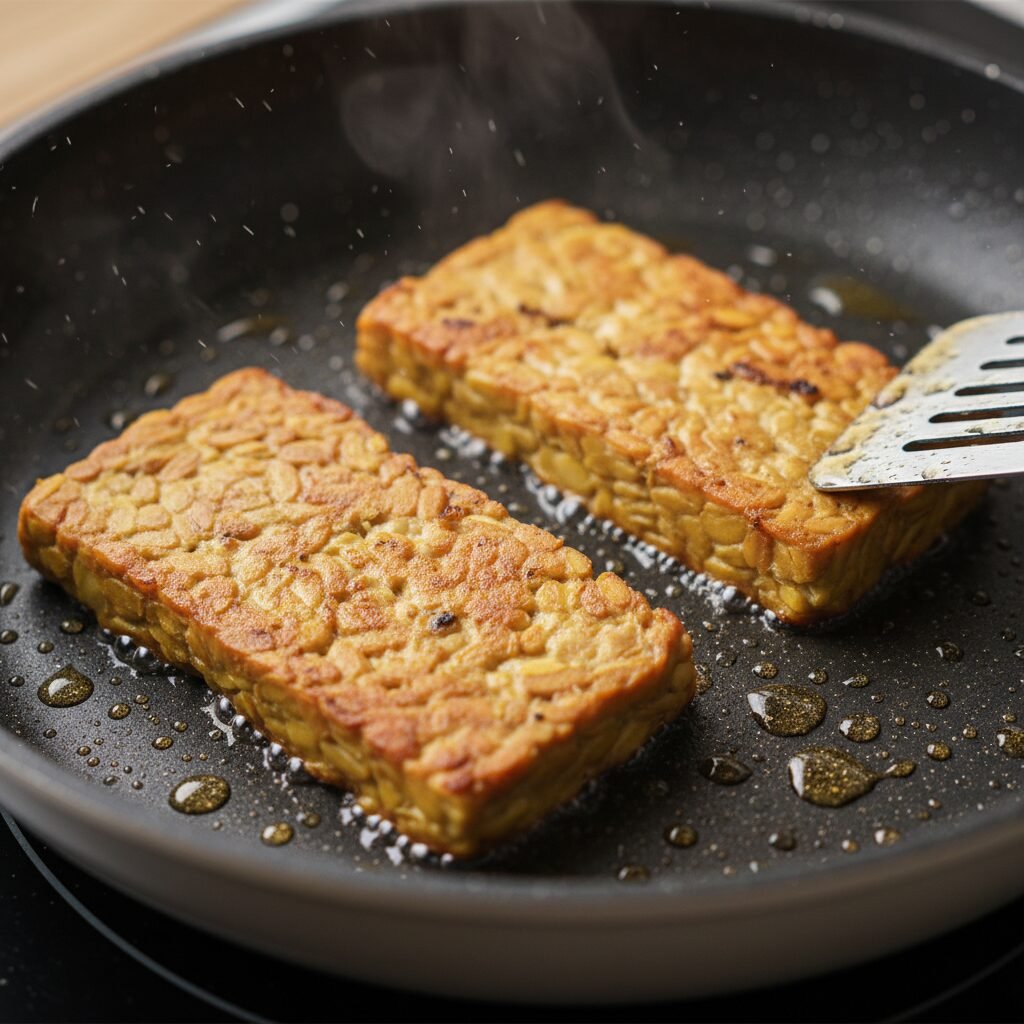 Photorealistic, close-up shot of tempeh pieces sizzling and turning golden brown