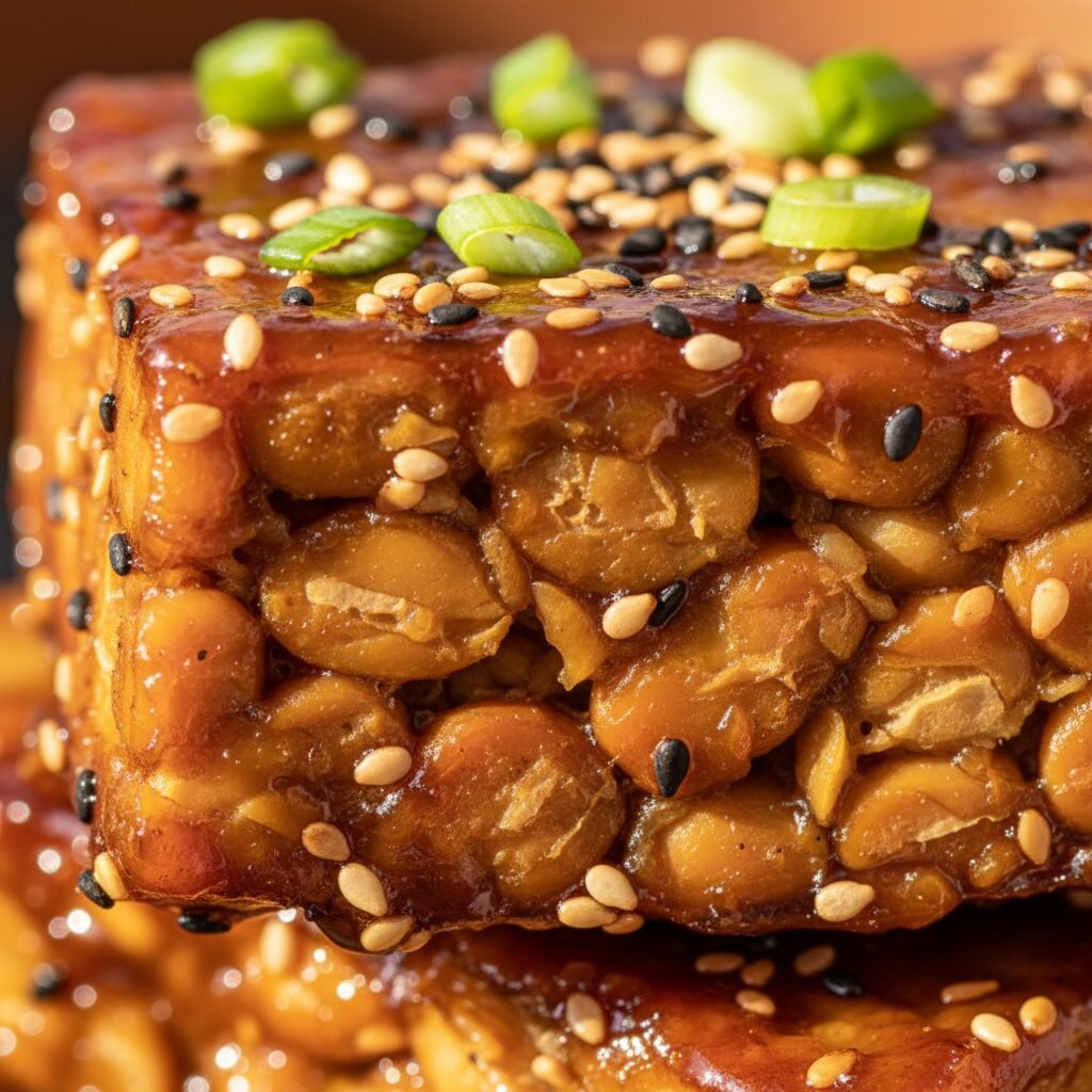 Photorealistic, extreme close-up of a piece of Sticky Sweet Soy Tempeh, showing