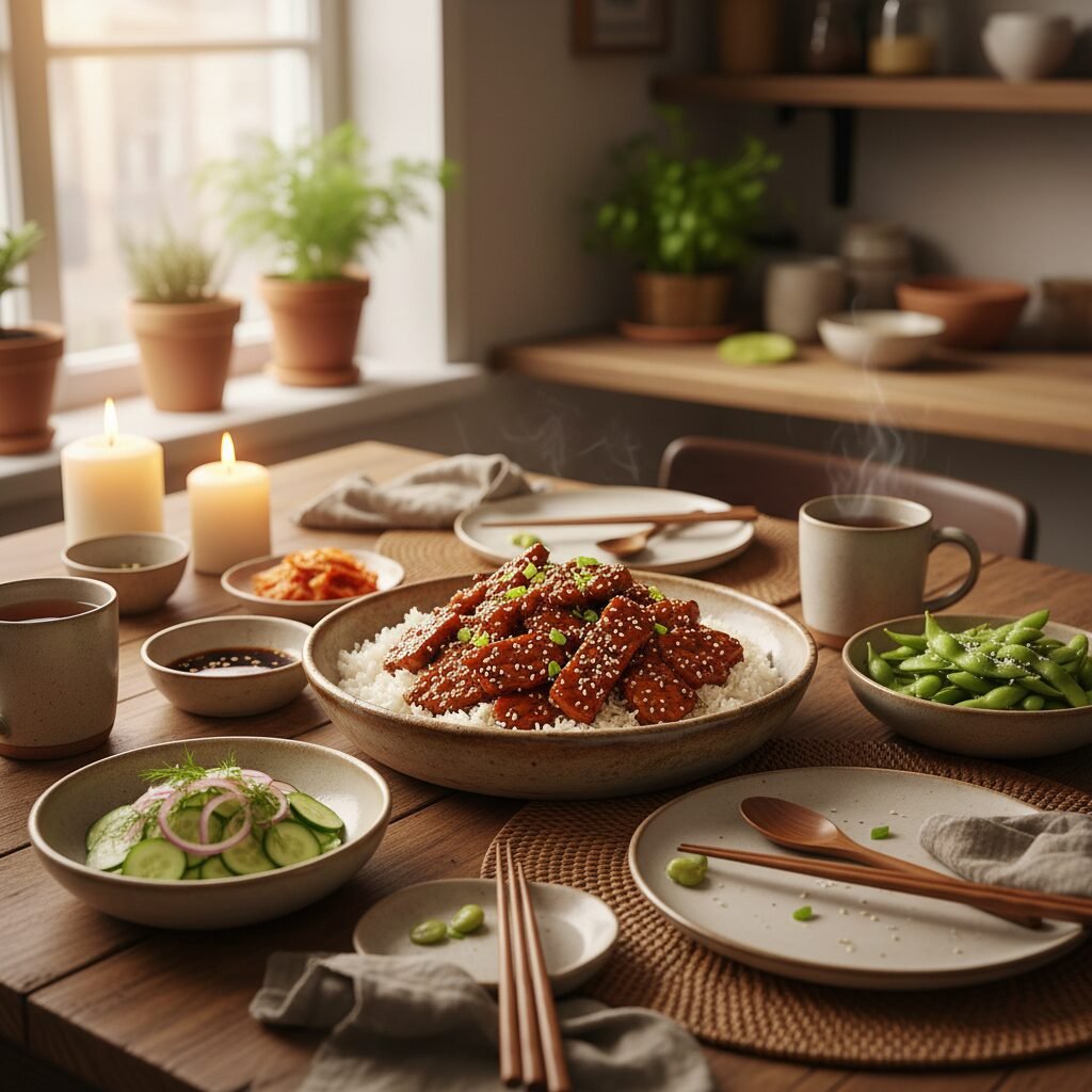 Photorealistic, beautifully styled dinner table setting featuring a main bowl of