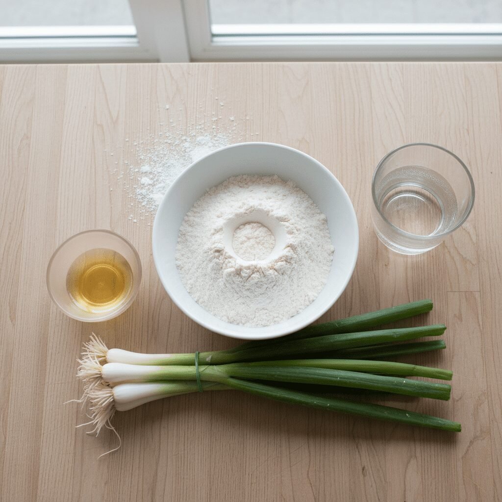 Photorealistic, overhead shot of raw ingredients: a bowl of all-purpose flour, a