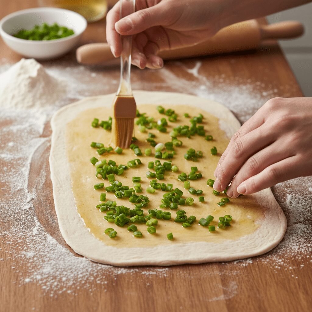 Photorealistic, close-up shot of hands gently rolling out the dough into a thin