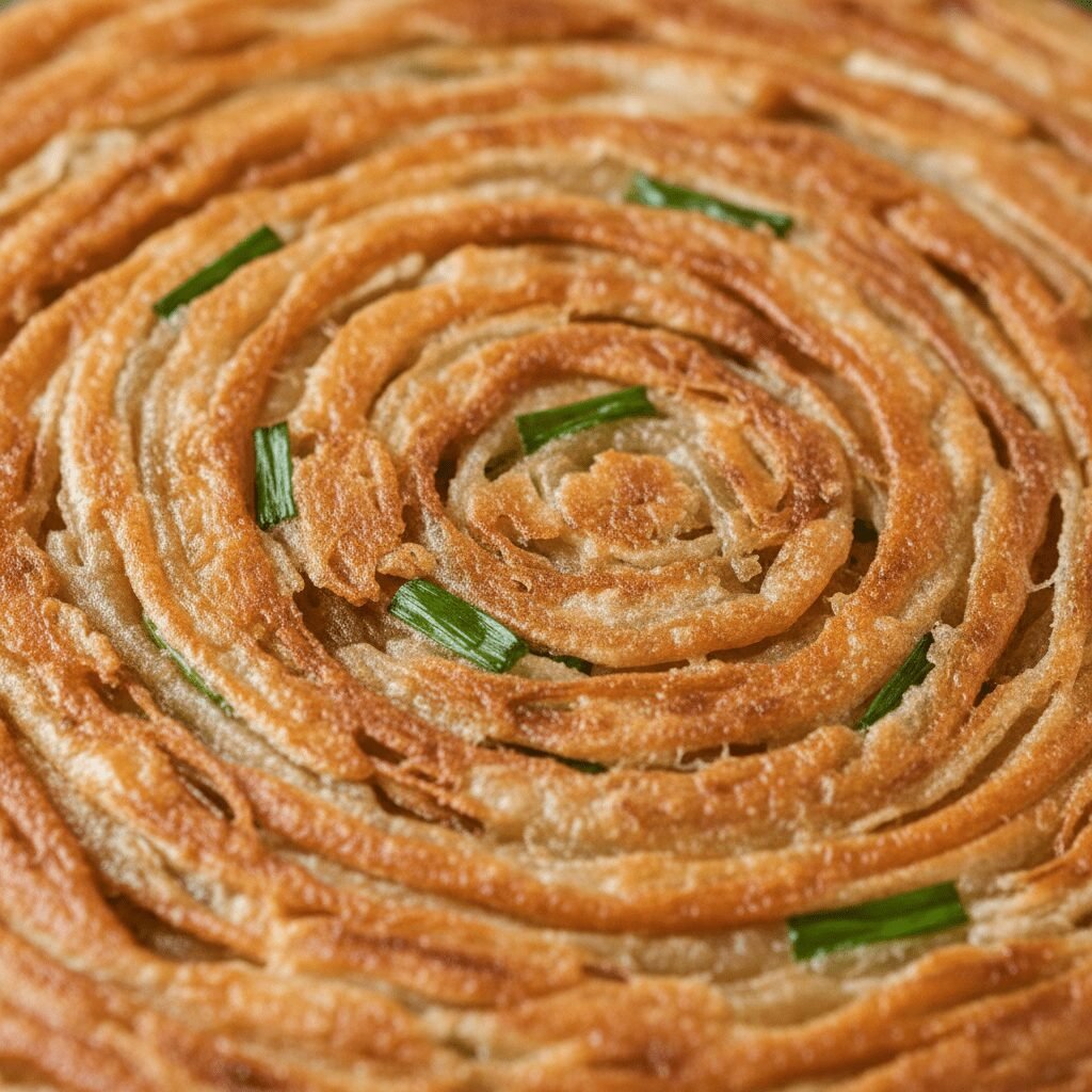 Photorealistic, extreme close-up of a freshly cooked scallion pancake, showing t