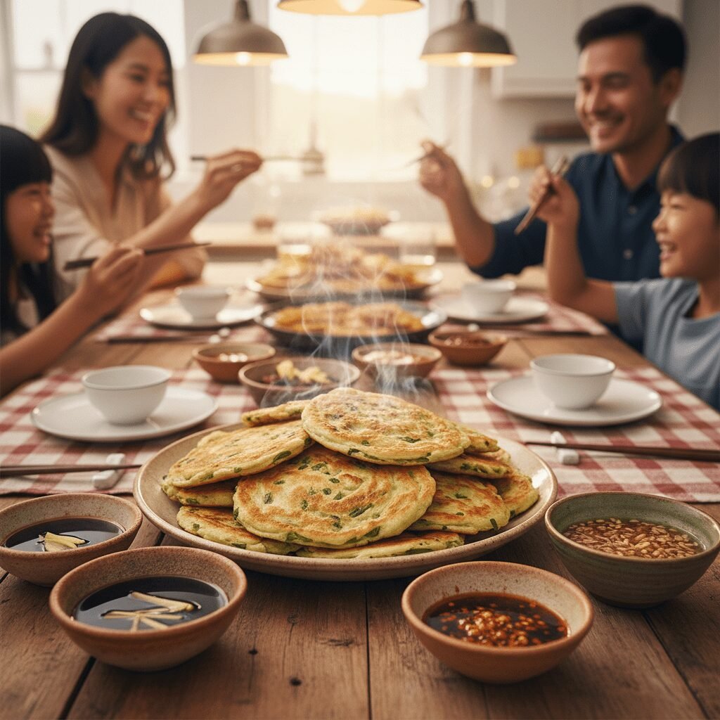 Photorealistic, a cozy family dinner table setting with a platter of warm, crisp