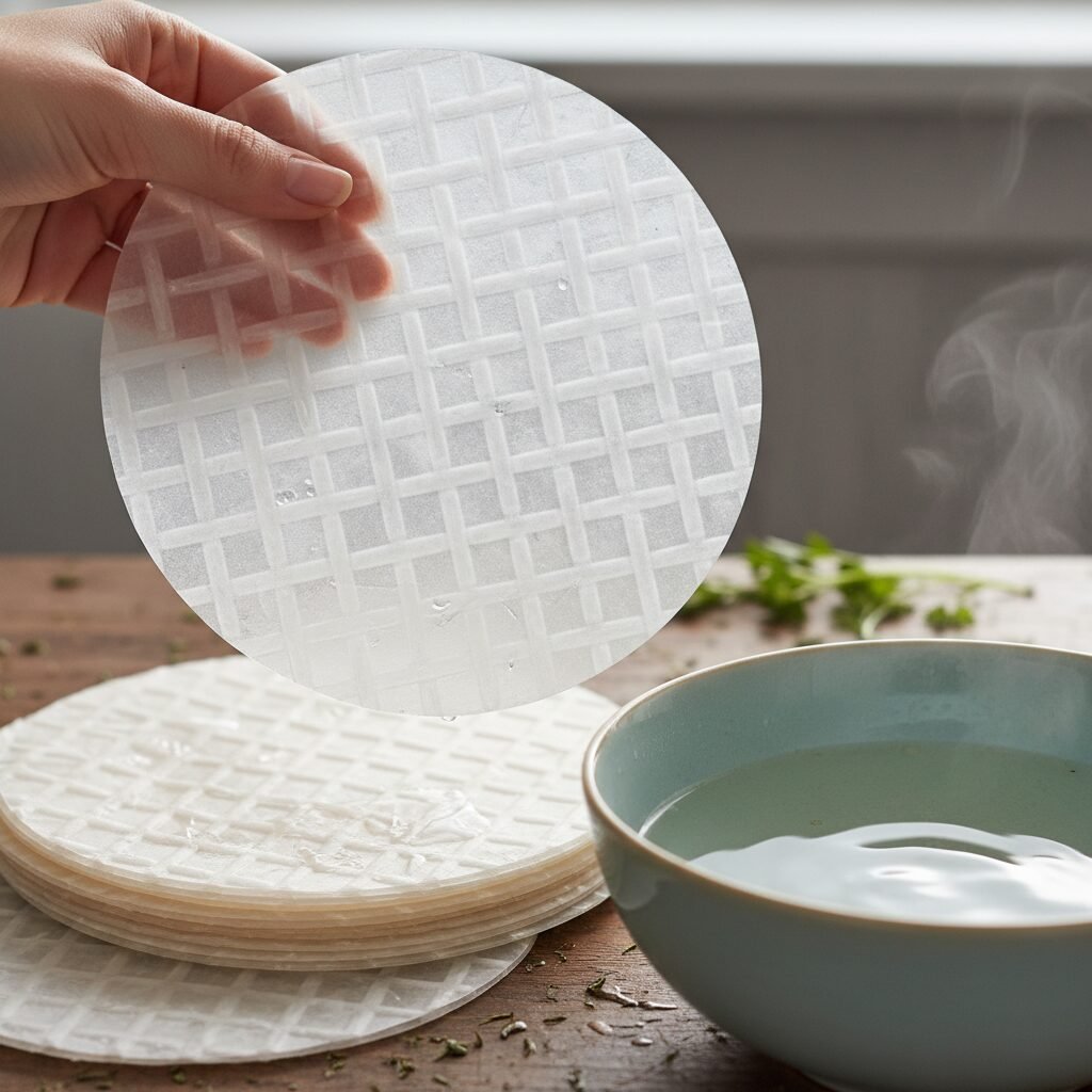 Photorealistic, close-up shot of a stack of dry, translucent round rice paper sh