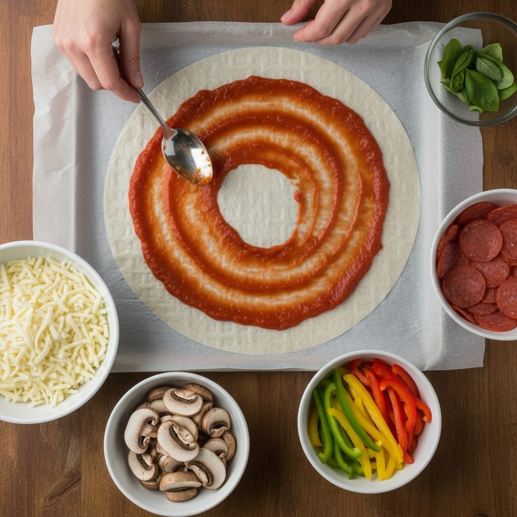 Photorealistic, overhead shot of a rice paper pizza being assembled on a parchme
