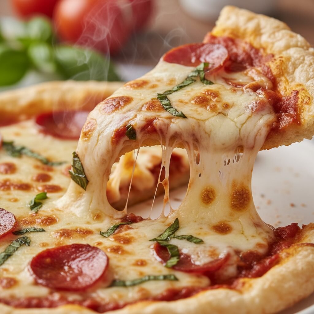 Photorealistic, extreme close-up of a slice of rice paper pizza, showing the thi