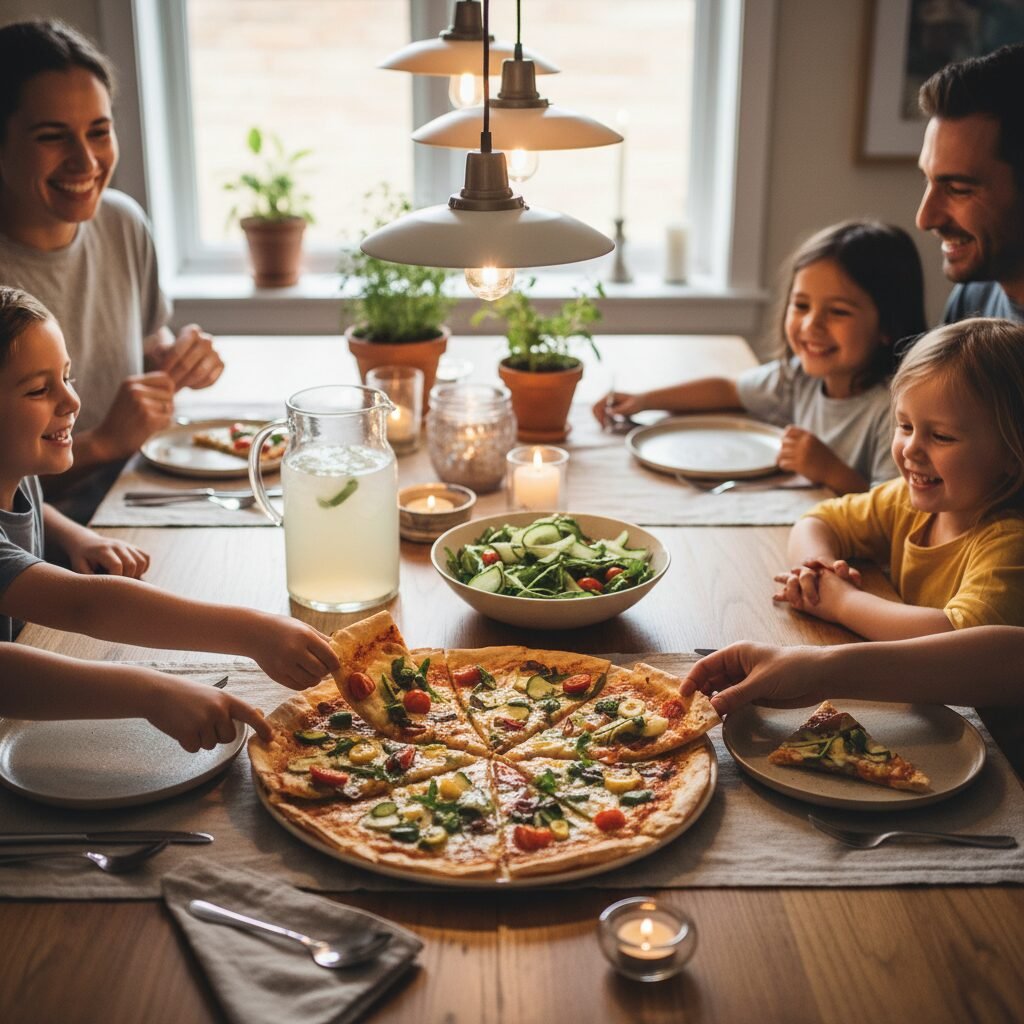 Photorealistic, a cozy family dinner scene with the rice paper pizzas served on 