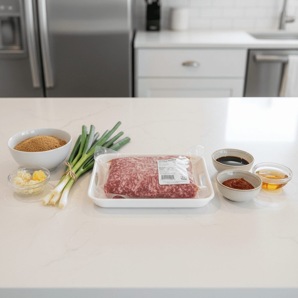 Photorealistic image of all the raw ingredients laid out neatly on a clean kitch