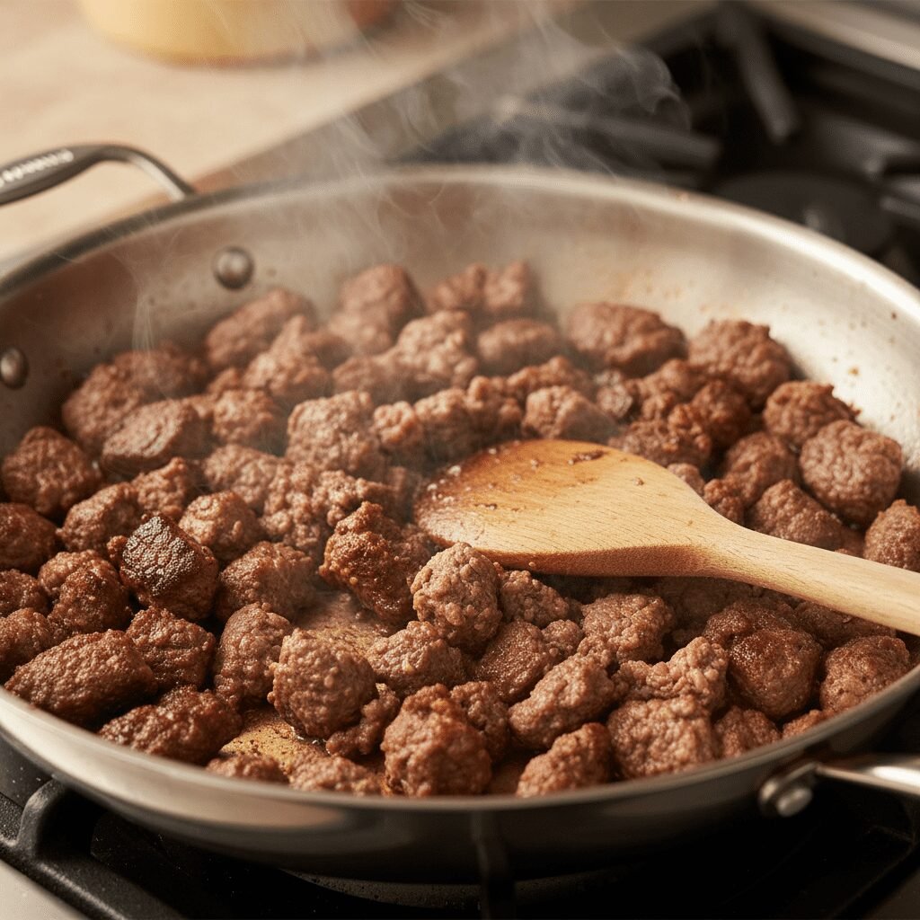 Photorealistic close-up shot of ground beef browning in a large, hot stainless s