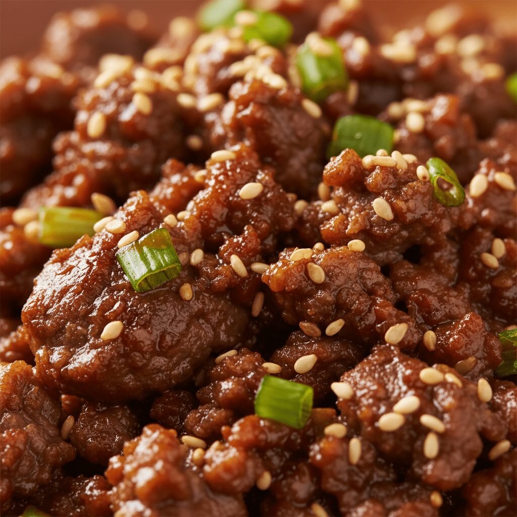 Photorealistic macro shot focusing on the texture of the cooked Korean ground be