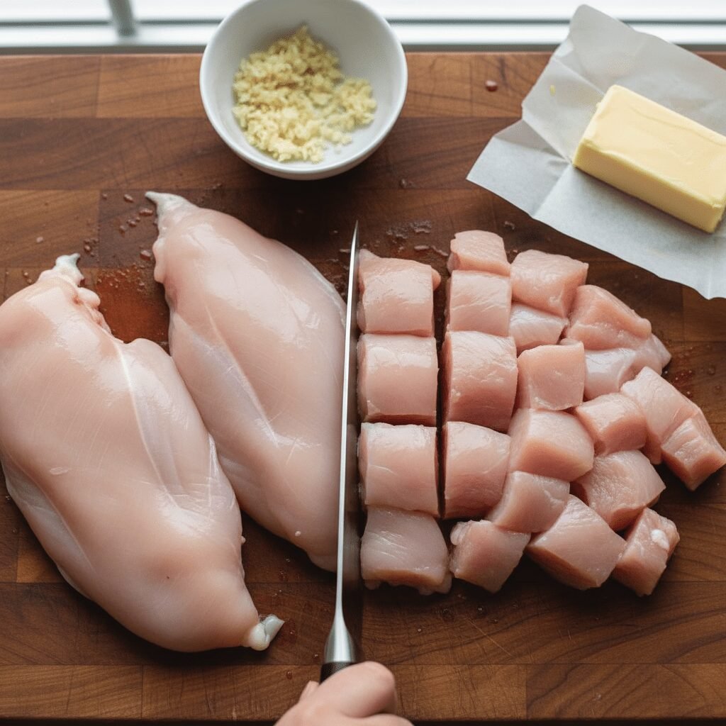 Photorealistic, high-angle shot of raw chicken breasts on a cutting board, being